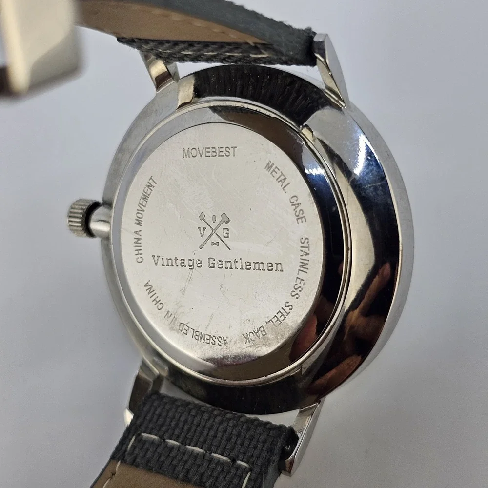 Men Analog Watch 41MM White Dial Date Gray Canvas Faux Leather Bands New Battery